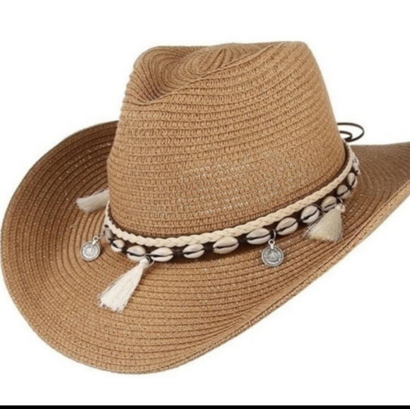 None Other - Unisex Western Straw Sun Hat Cowrie Cowry Shells 3.5" Wide Brim Khaki Tan Boho
